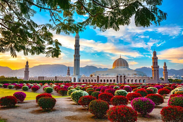 Discover the beauty of Muscat with stunning views of majestic architecture surrounded by colorful blooms offering a delightful experience of Omani culture and landscape on your journey from Dubai.